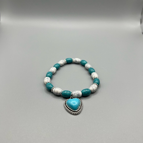 Hand Crafted Jewelry - Turquoise and White Heart Charm Bracelet - Handmade #B0354T